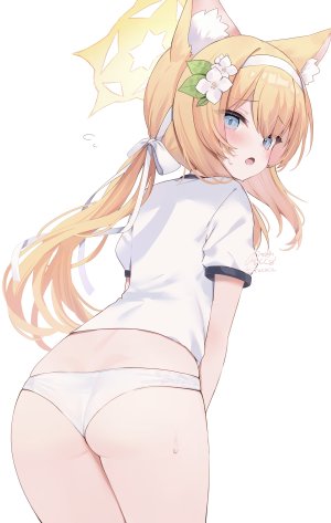 伊落玛丽,蔚蓝档案,rucaco,兽耳,碧眼,脸红,猫耳,猫娘,发饰,光晕,长发,视线正对,回头看,開口,胖次,马尾辫,衬衫,single,下着,白背景