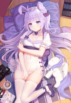 碧蓝航线,Unicorn,dhfz181,长发,single,長身像,脸红,胸部,前发,紫色眼,紫发,兽耳,呆毛,横臥,兔耳