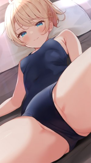 原创,相音うしお,呆毛,金发,碧眼,脸红,breasts,视线正对,横臥,露出,马尾辫,死库水,短发,single,张腿,泳装