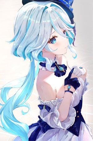 芙宁娜,原神,みはす,露肩,碧眼,青发,连衣裙,手套,灰发,视线正对,短发,single