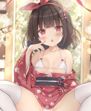 原创,佐伯ソラ,前发,露肩,水着,黑发,脸红,胸部,发饰,和服,长袖,视线正对,横乳,オビ,開いた口,缎带,single,泳装,黑丝,白丝