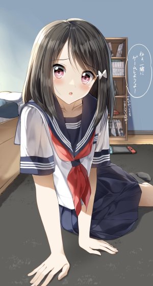 原创,ぺんたごん,黑发,黑丝,发饰,长发,视线正对,開いた口,红色眼,学校制服,水手服,短裙,single