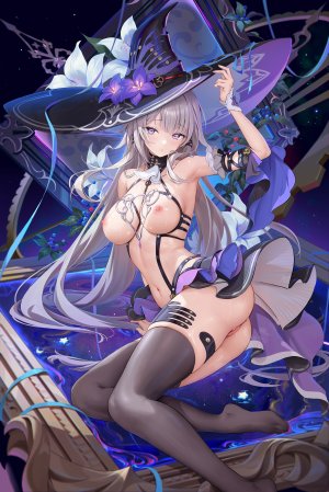 ほうき星,herta,崩坏：星穹铁道,breasts,garter,nipples,No-Bra,nopan,猫咪,掀裙,丝袜,uncensored,魔女