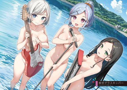 livia_de_udis,皆神望爱,yumisashi_asumi,怪人的沙拉碗,kantoku,黑发,碧眼,青发,breasts,绿色眼,灰发,吉他,异色瞳,holding,乐器,长发,nude,马尾辫,紫色眼,短发,笑顔