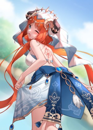 原神,妮露,shrimp_cake,single,長身像,视线正对,前发,脸红,開口,碧眼,笑顔,双马尾,露肩,直刘海,超长发,挤眼,回头看,tattoo,少女,短裙