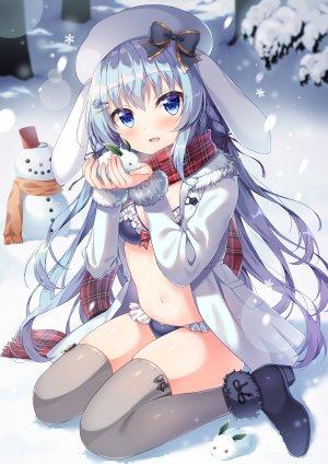 原创,シオノ,兽耳,水着,碧眼,青发,脸红,兔耳,发饰,holding,长发,视线正对,露脐,開いた口,缎带,坐姿,雪花,single,泳装,黑丝