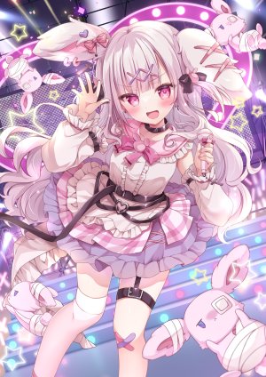 原创,picpicgram,兽耳,灰发,发饰,holding,长发,长袖,衬衫,短裙,笑顔,single,毛绒玩具,丝袜,超长发,Vtuber,白丝