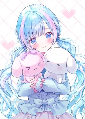 原创,irono1910,single,长发,長身像,前发,脸红,笑顔,白背景,双马尾,青发,直刘海,少女,毛绒玩具