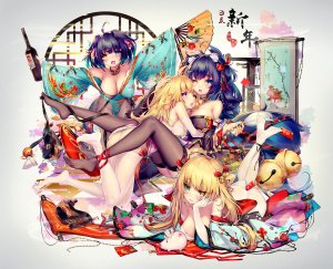 dk_senie,原创,兽耳,铃,金发,青发,胸部,cleavage,長手袋,手套,和服,长发,nopan,黑丝,蜜汁,jpeg_artifacts