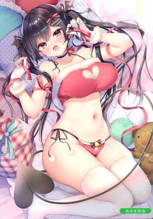 原创,あゆま紗由,露肩,黑发,bra,胸部,项圈,cleavage,手套,发饰,巨乳,长发,视线正对,横臥,露脐,開いた口,胖次,红色眼,缎带,笑顔,single,泰迪熊,黑丝,双马尾,下着,白丝