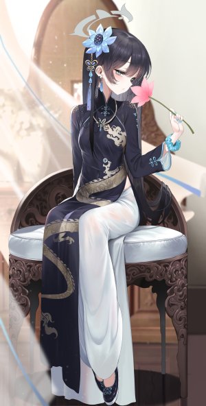 竜華キサキ,蔚蓝档案,dishwasher1910,黑发,脸红,breasts,连衣裙,全身,发饰,光晕,holding,长发,长袖,视线正对,坐姿,短裙,single,超长发
