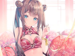 みわべさくら,原创,脸红,bra,胸部,茶发,汉服,cleavage,绿色眼,长发,双马尾,下着,close,cropped,scan