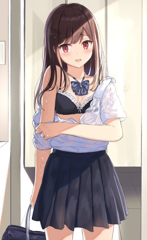 原创,ぶれんぼ,露肩,领结,bra,breasts,茶发,cleavage,长发,视线正对,迷你短裙,開口,褶皱裙,红色眼,学校制服,衬衫,短裙,single,下着,湿身