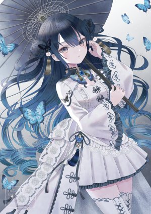 原创,paruno,黑发,棕色眼,蝴蝶,双团子头,连衣裙,包子頭,发饰,holding,长发,长袖,视线正对,single,丝袜,雨伞,超长发