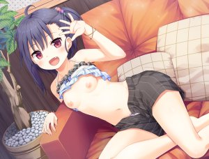 麻の葉,原创,青发,脸红,露胸,萝莉,nipples,No-Bra,马尾辫,红色眼,短发