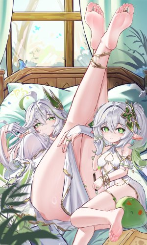 纳西妲,マハールッカデヴァータ,原神,jndfh,脸红,连衣裙,手套,绿色眼,绿发,发饰,长发,视线正对,横臥,尖耳,笑顔,白发