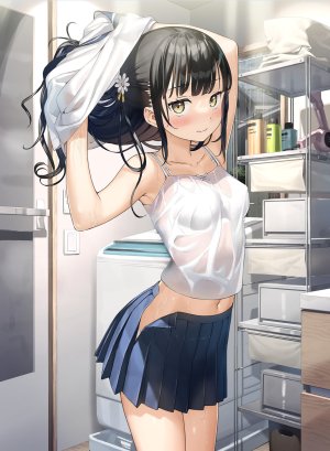 nagisa,原创,kantoku,黑发,breasts,长发,露脐,褶皱裙,短裙,single,脱衣,湿身,黄色眼