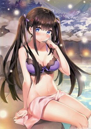 とらのあな,ayamy,碧眼,脸红,bra,胸部,cleavage,发饰,长发,横乳,露脐,温泉,缎带,坐姿,single,双马尾,下着