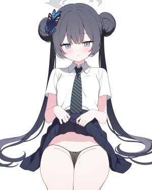 竜華キサキ,蔚蓝档案,jyt,黑发,censored,双团子头,包子頭,发饰,光晕,长发,视线正对,胖次,衬衫,坐姿,短裙,掀裙,single,双马尾,下着,超长发,白背景