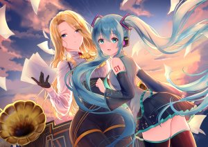 初音ミク,violetta_noire,VOCALOID,前发,露肩,黑丝,金发,碧眼,青发,绿色眼,发饰,HaneRu,holding,长袖,视线正对,回头看,開いた口,衬衫,短裙,天空,笑顔,双马尾