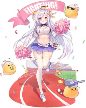 manjuu,シグニット,碧蓝航线,露肩,胸部,啦啦队,项圈,長手袋,手套,包子头,holding,巨乳,长发,视线正对,迷你短裙,露脐,開いた口,红色眼,缎带,衬衫,短裙,single,黑丝,白发,白丝,絶対領域