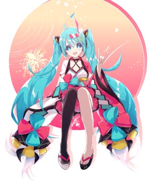初音ミク,VOCALOID,yokrio,呆毛,发饰,和服,长发,视线正对,魔法未来演唱会,開いた口,坐姿,短裙,笑顔,single,黑丝,双马尾