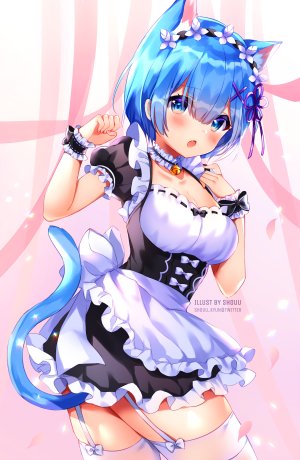 shouu-kun,蕾姆,从零开始的异世界生活,watermark,兽耳,cleavage,女仆,猫耳,Stockings,黑丝