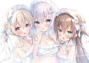 原创,飴玉コン,露肩,碧眼,脸红,三股辫,breasts,茶发,cleavage,绿色眼,灰发,长发,视线正对,红色眼,笑顔,双马尾,超长发,白背景