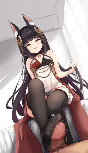 長門,碧蓝航线,hamiro,兽耳,黑发,黑丝,breasts,censored,连衣裙,足交,狐娘,发饰,长发,视线正对,项链,開口,胖次,坐姿,丝袜,下着,超长发,黄色眼