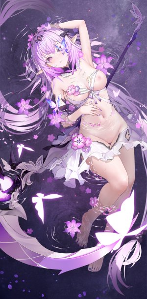 崩坏：星穹铁道,blhazx,露肩,bra,breasts,蝴蝶,全身,长发,视线正对,横臥,露脐,nipples,尖耳,紫色眼,紫发,猫咪,短裙,single,下着,超长发,weapon