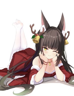 長門,碧蓝航线,hamiro,兽耳,铃,黑发,脸红,breasts,圣诞节,连衣裙,狐娘,发饰,horns,长发,视线正对,横臥,挤眼,裤袜,笑顔,single,超长发,白背景,黄色眼