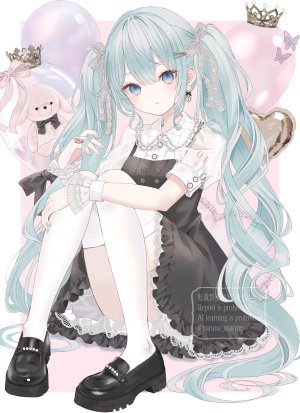 初音ミク,VOCALOID,paruno,碧眼,青发,蝴蝶,连衣裙,长发,坐姿,single,毛绒玩具,泰迪熊,丝袜,双马尾,超长发,白丝,絶対領域
