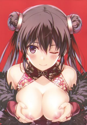 原创,冬月茉莉,深崎暮人,长发,single,長身像,视线正对,前发,露胸,茶发,笑顔,红色眼,露肩,nipples,闭只眼,阿哞,露乳,R18