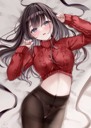 原创,桜ひより,黑发,碧眼,脸红,breasts,长发,视线正对,横臥,露脐,胖次,裤袜,single,下着,超长发