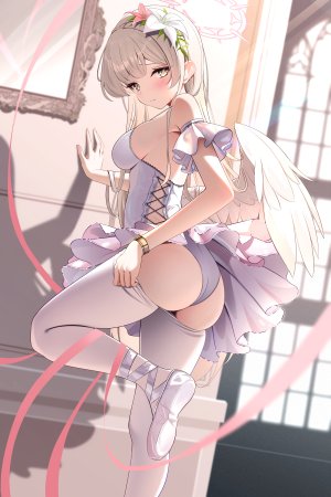 sikimosh,桐藤ナギサ,蔚蓝档案,脸红,breasts,茶发,连衣裙,发饰,光晕,长发,视线正对,裤袜,缎带,阴影,single,超长发,翅膀