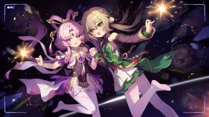 符玄,青雀,崩坏：星穹铁道,翼つばさ,茶发,汉服,连衣裙,绿色眼,发饰,holding,长发,长袖,视线正对,開口,裤袜,粉发,天空,笑顔