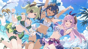 西園寺メアリ,堰代ミコ,島村シャルロット,nanashi_inc.,yoshinoryo,海滩,水着,碧眼,青发,breasts,恶魔娘,绿发,长发,视线正对,露脐,開口,尖耳,紫色眼,紫发,缎带,短发,天空,笑顔,泳装,Vtuber,黄色眼