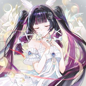 原神,哥伦比娅,fractalmagnolia,single,长发,脸红,highres,黑发,双马尾,少女,连衣裙,发饰,仮面
