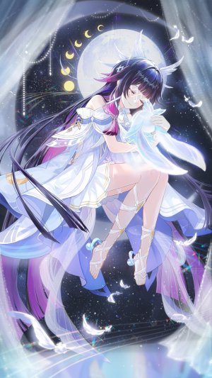 原神,哥伦比娅,fractalmagnolia,single,長身像,前发,highres,黑发,坐姿,全身,直刘海,超长发,少女,翅膀,仮面