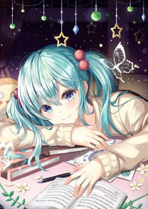 初音ミク,VOCALOID,gongha,前发,碧眼,脸红,蝴蝶,绿发,长发,长袖,视线正对,短裙,笑顔,single,黑丝,双马尾
