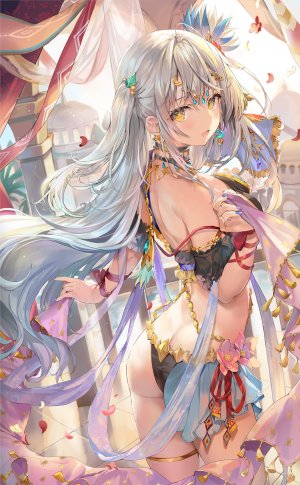 原创,momoko,呆毛,露肩,项圈,发饰,holding,长发,视线正对,開いた口,花瓣,银发,笑顔,single,黄色眼