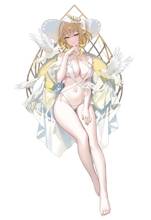 崩坏：星穹铁道,raki_kr,露肩,水着,金发,breasts,cleavage,全身,绿色眼,视线正对,露脐,短发,坐姿,笑顔,single,泳装,白背景