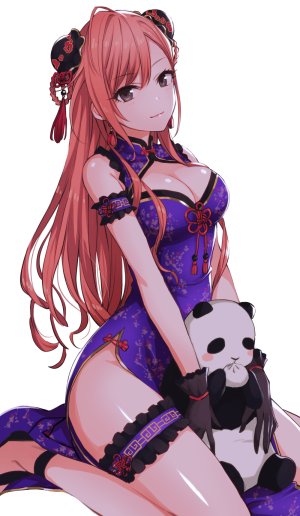 有栖川夏葉,偶像大师,偶像大师：闪耀色彩,kamekoya_sato,前发,脸红,胸部,汉服,cleavage,双团子头,连衣裙,手套,巨乳,长发,视线正对,笑顔,single