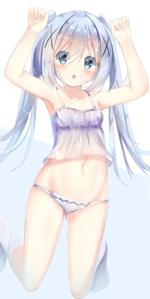 香風智乃,请问您今天要来点兔子吗?,夏奈なつ,前发,露肩,青发,脸红,发饰,kneehighs,露脐,胖次,single,双马尾,下着,白背景,白丝