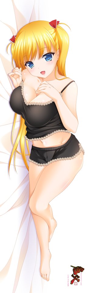 秋月愛莉,鬼父,きのはらひかる,金发,碧眼,脸红,breasts,cleavage,全身,长发,视线正对,横臥,露脐,開口,缎带,笑顔,single,双马尾,超长发