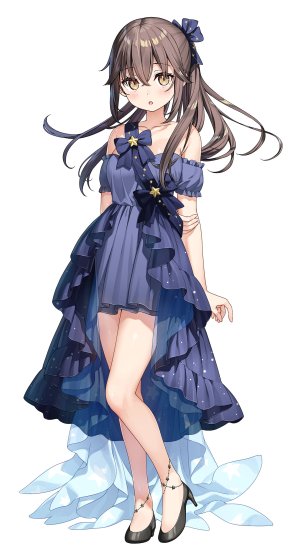 佐佐木与P酱,kantoku,脸红,领结,棕色眼,茶发,连衣裙,全身,发饰,视线正对,開口,马尾辫,single,白背景