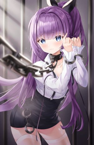 タシュケント,碧蓝航线,wakum,碧眼,脸红,胸部,锁链,CUFFS,发饰,长发,长袖,视线正对,迷你短裙,開いた口,马尾辫,紫发,缎带,衬衫,短裙,single,黑丝,白丝,絶対領域