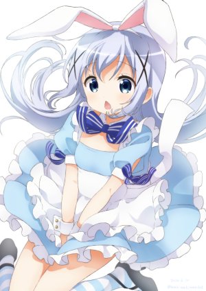 香風智乃,请问您今天要来点兔子吗?,neki,兽耳,围裙,前发,碧眼,青发,脸红,兔耳,连衣裙,发饰,kneehighs,长发,開いた口,single,白背景