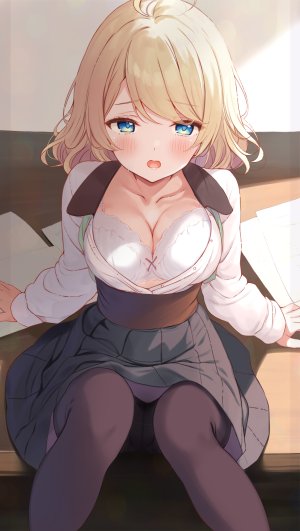 原创,相音うしお,金发,碧眼,脸红,bra,breasts,cleavage,长袖,视线正对,開口,胖次,裤袜,衬衫,坐姿,下着