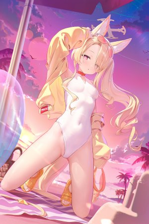 百合園セイア,蔚蓝档案,ほうき星,兽耳,海滩,金发,breasts,狐娘,光晕,holding,跪姿,视线正对,single,泳装